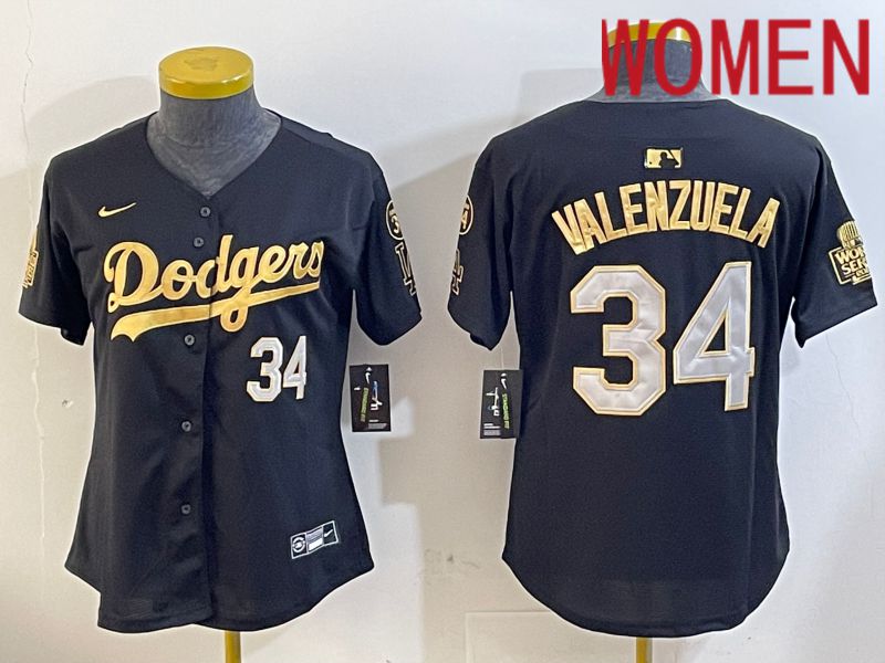 Women Los Angeles Dodgers #34 Valenzuela 2024 World series patch black jersey 202411201->women mlb jersey->Women Jersey